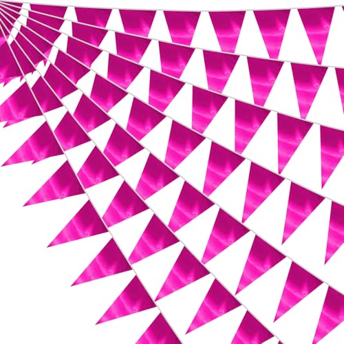 Image of 130FT Rose red Triangle Pennant Banner Flag Metallic Fabric Bunting Garland for Christmas Graduation Wedding Engagement Anniversary Bachelorette Birthday Bridal Shower Valentines Hen Party Supplies
