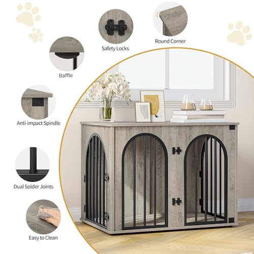 Hzuaneri Hundekäfig Möbel, 80cm Hundebox für Zuhause, 3 Türen, Bogentür, Moderne Hundebox Indoor für Hunde, Beistelltisch, Hundekäfig Hochbelastbar, 80 x 56 x 61 cm, Hell Elfenbein DFC85105B