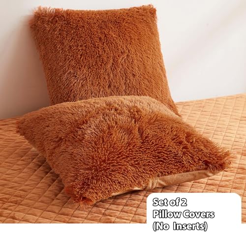LIFEREVO 2 Pack Fluffy Faux Fur Pillow Shams, 18 x 18 Inches Throw Pillow Covers, Luxury Decorative Furry Pillowcases Cushion Cover for Christmas, Zipper Closure, No Pillow Insert, Burnt Orange - Image 3
