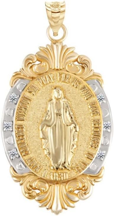 10K or 14K Two-Tone White & Yellow Gold Diamond Accented Blessed Virgin Mary Victorian Frame Miraculous Pendant Necklace - Choice of Pendant Only or Chain Length