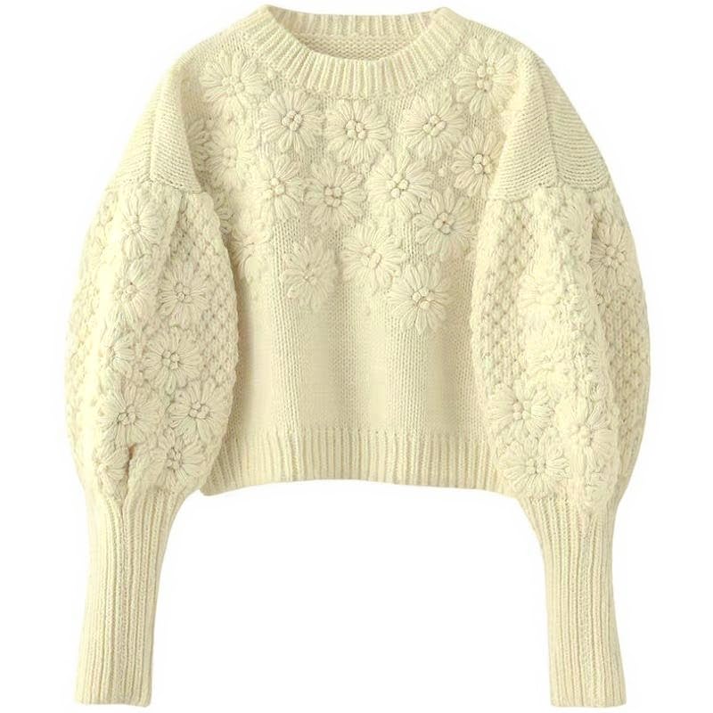 Image of Women's Loose Fitting Heavy Embroidery Three-Dimensional Flower Long Sleeved Knitted Pullover Sweater top