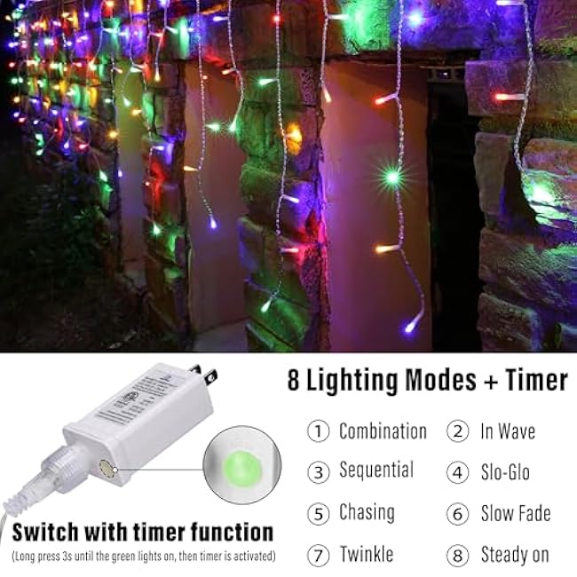 Joomer Christmas Icicle Lights, 32Ft 8 Modes Waterproof Christmas Icicle String Lights Outdoor Connectable with Timer for Party, Eaves, Roofs, Holiday, Christmas Decorations (Multicolor)