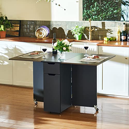 TERRADISE Drop Leaf Dining Table, Modern Folding Dining Table & Expandable Kitchen Table with Storage Shelves & Drawer, Rolling Space Saving Dining Table on 6 Wheels, Gray & Wood 11 TERRADISE Drop Leaf Dining Table, Modern Folding Dining Table & Expandable Kitchen Table with Storage Shelves & Drawer, Rolling Space Saving Dining Table on 6 Wheels, Gray & Wood