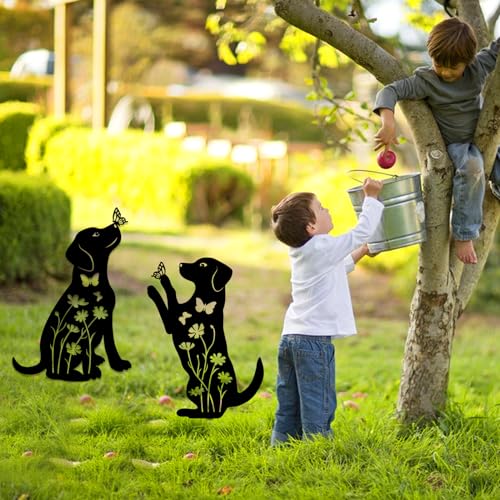 YiYa 2 Stück Metall-Gartendekoration Metall Hund Garten Dekoration Hund Animal Garden Stakes Gartendeko für Outdoor Rasen Tier Rasen Dekoration Schwarz Dekor