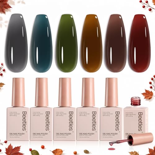 Image of Beetles Jelly Gel Nail Polish Set - Natural Coda 6 Colors Dark Gel Nail Polish Kit Brown Green Black Teal Burgundy Red Sheer Translucent Effect Soak off UV Blooming Nail Art DIY at Home Gift