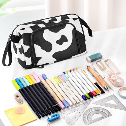 Image of SUABO Big Capacity Pencil Case, Cow Skin Print Pen Bag Pouch Holder Stationery Bag School College Office Organizer for Teen Adults Student
