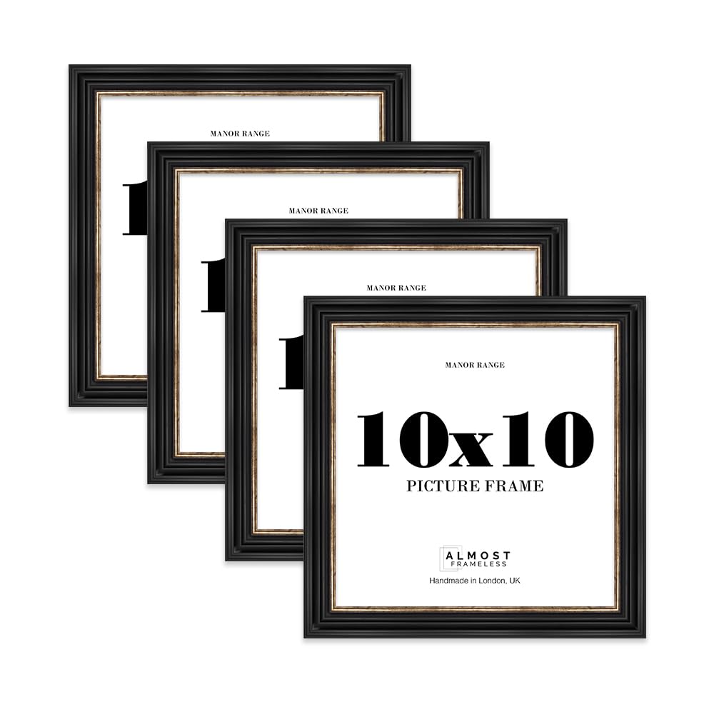 10x10 Picture Frame, Display 10x10 Pictures (25.4 x 25.4cm) - Black & Gold Vintage 42mm Edge Frame for Home Décor - 4 Pack