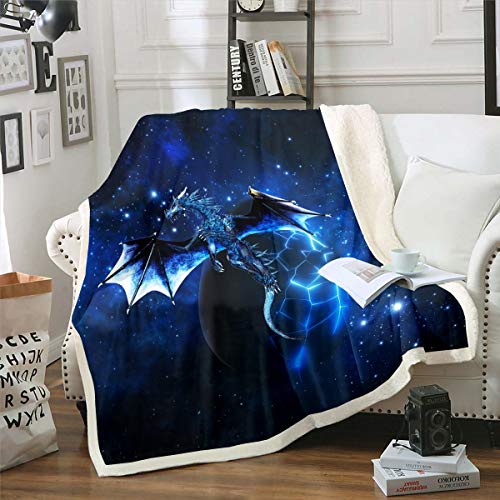 Galaxy Dragon Sherpa Blanket Chic Outer Space Starry Sky Fleece Throw Blanket Jungle Animals Dragon Fuzzy Blanket For Bed Soft Couch Children Bedroom Decor Blue Black Plush Blanket Twin 60"X80" #TOP12