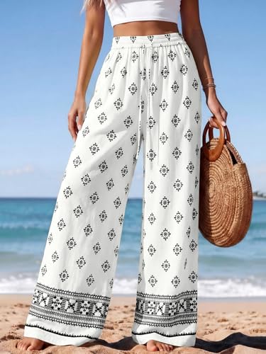 Image of PRETTYGARDEN Womens Pants Elastic Waist Floral Lightweight Palazzo Pants for Women Casual Lounge Wide Leg Pants Woman