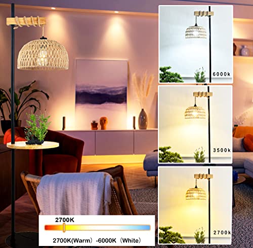 Qiyizm Floor Lamp With Table And Shelves For Living Room Bedroom Rattan Shelf Floor Lamps With Remote Boho Dimmable Standing Lamp Wicker Bamboo Wood Farmhouse Black Tall Lamp Rustic Floor Light #TOP3