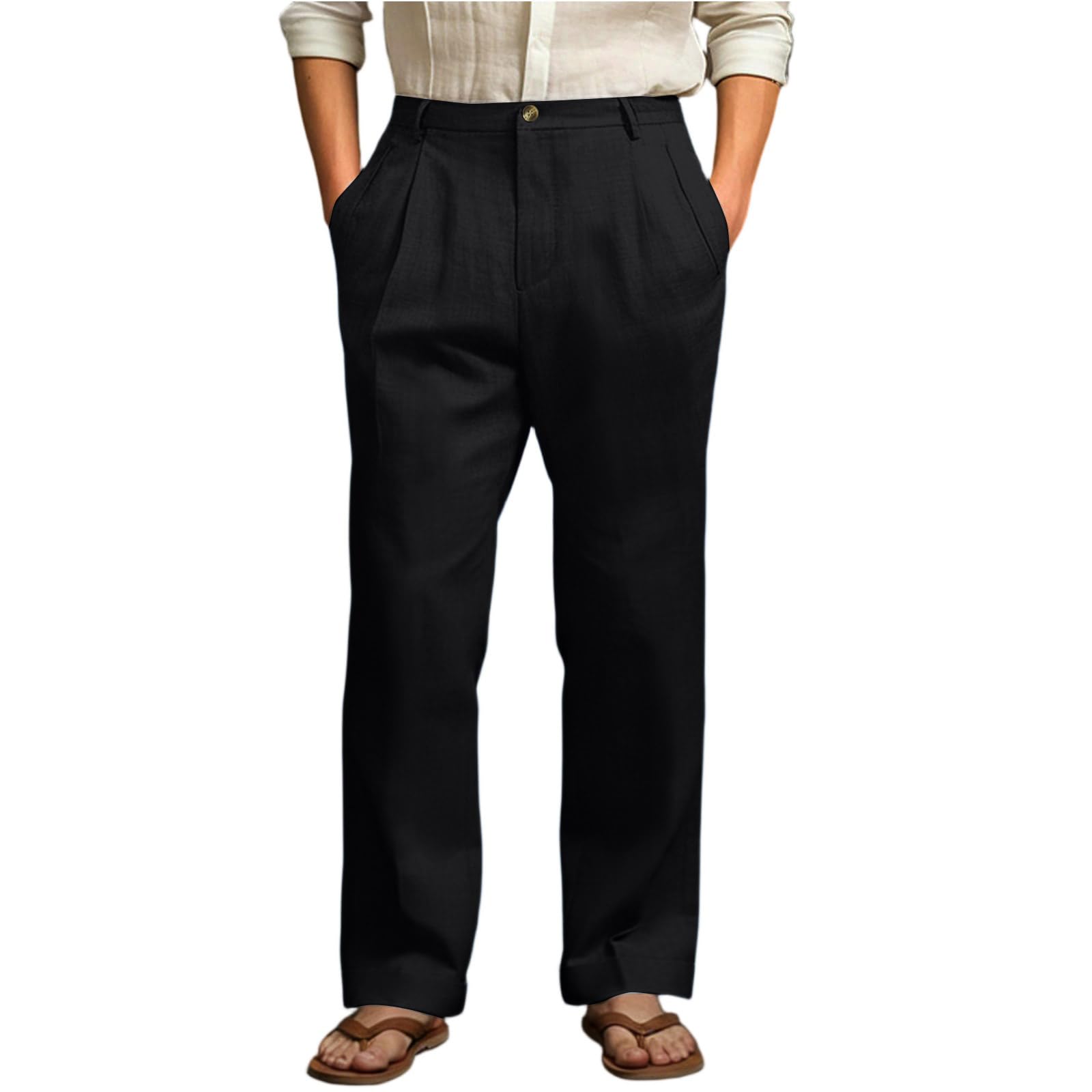 Wide Leg Dress Pants for Men Pleated High Waisted Linen Pants Summer Casual Beach Vacation Travel Linen Trousers