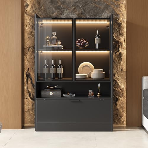 BENMWS Vitrina negra mate de 120 cm de altura moderna, vitrina de cristal con iluminación, armario de salón con puertas de cristal y puerta abatible, armario de madera aglomerada