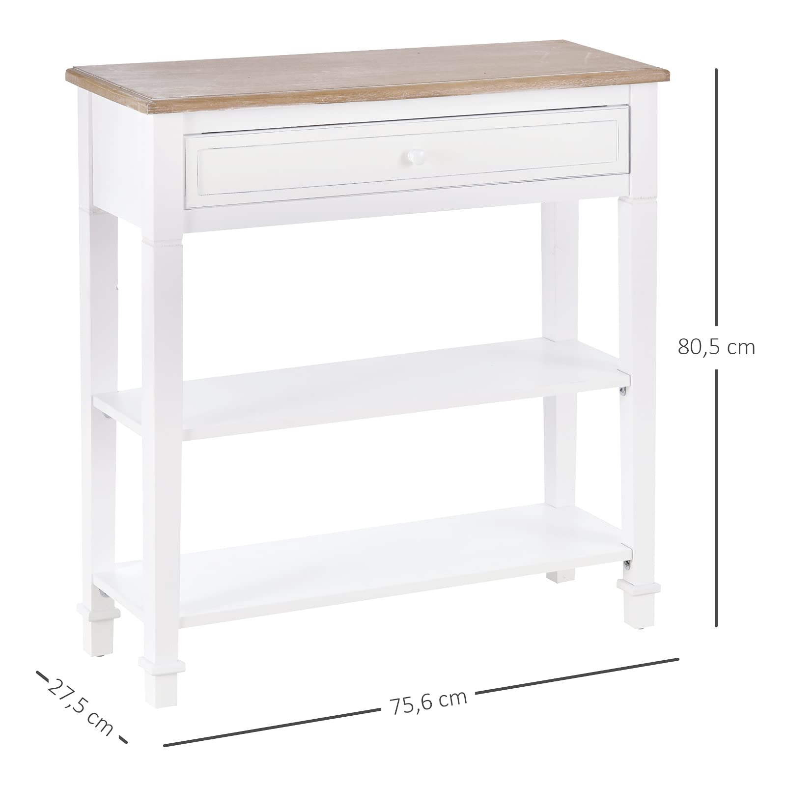 HOMCOM Mesa de Consola Multifuncional Recibidor 75,6x27,5x80,5 cm Blanco | Mesa Auxiliar, para Sala Pasillo Comedor, 2 Estantes, 1 Cajón Extraíble, Manija, Estilo Retro, Pino, Madera Natural