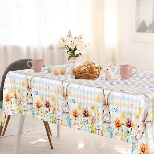 Image of QZYL 2 Pack Easter Tablecloth Disposable, 54 inch x 108 inch Easter Decorations for Table, Plastic Table Cloths with Colorful Eggs Bunny Flower, Rectangular Spring Tablecloths for Party Decorations Supplies