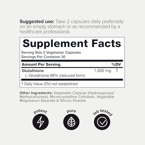 Image of Toniiq NSF Certified Ultra High Strength Glutathione Capsules - 1000mg Concentrated Formula - 98%+ Highly Purified and Bioavailable - Non-GMO Fermentation - 60 Capsules Reduced Glutathione Supplement