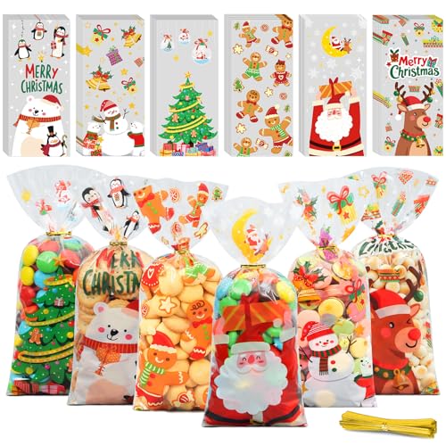 BBLIKE 120 Piezas Bolsas Chuches Navidad, Bolsas Regalo Navidad para Caramelos con 120 lazos, 6 Modelos Bolsitas para Galletas Navideñas, Bolsitas Plastico Pequeñas para Tartas, Dulces y Bombones