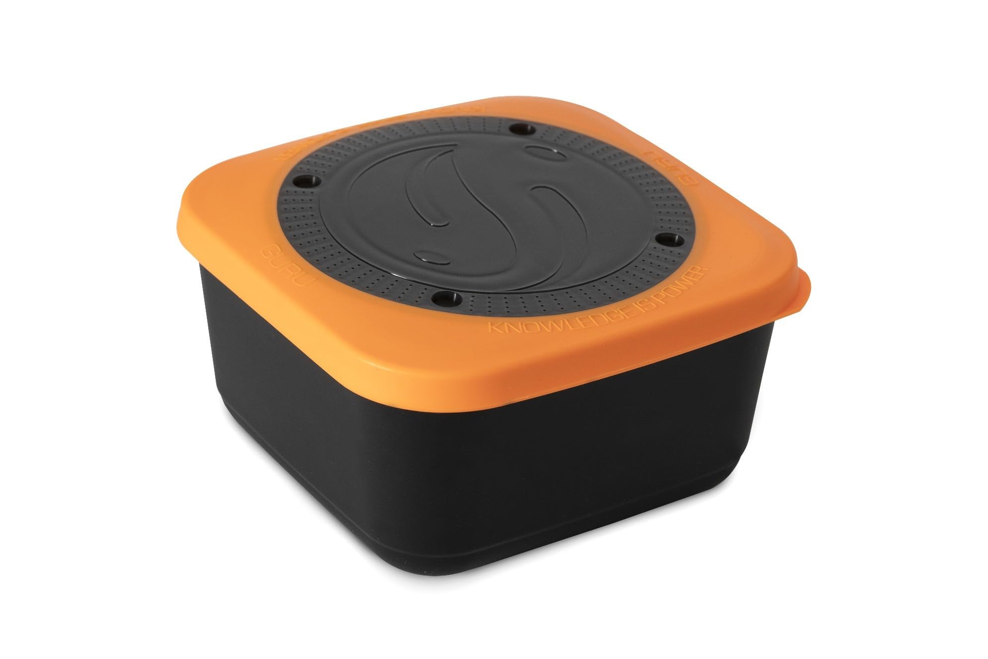 Korda Guru Bait Box 3.3 Pint | Match Fishing Bait Box | For All Types of Bait | Tight Fitting Secure Perforated Lid | Stackable | Strong Plastic Construction | Black with Orange Lid