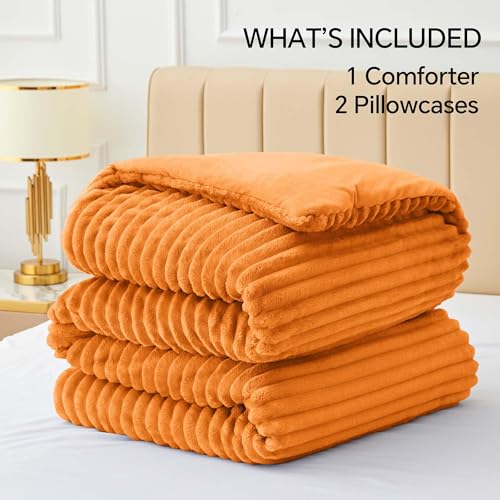 BEDELITE Fleece Full Comforter Set -Super Soft & Warm Fluffy Burnt Orange Bedding, Luxury Fuzzy Heavy Bed Set for Winter with 2 Pillow Cases