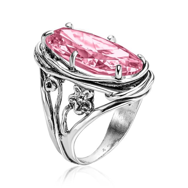 JEAN RACHEL JEWELRY 925 Sterling Silver Ring with Oval Shaped Cubic Zirconia - Floral Wire Wrap Vintage Design - Hypoallergenic, Nickel & Lead-free -