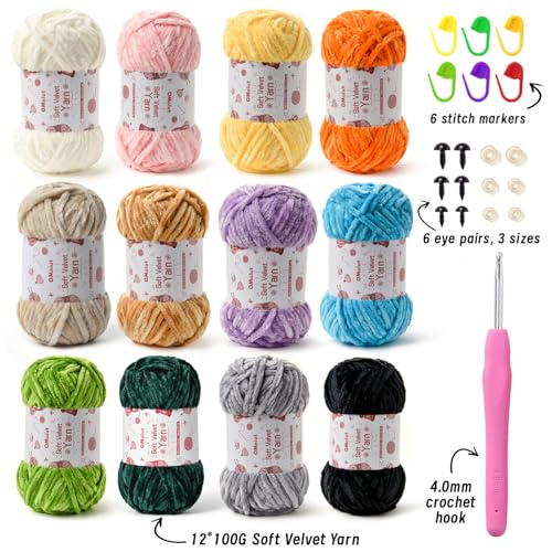Image of 12 Pack Chenille Chunky Yarn - Baby Yarn for Crocheting Soft - Yellow Green Blue Purple Gray White Black Velvet Yarn Crochet Blanket - Amigurumi Yarn Pack with Crochet Accessories E