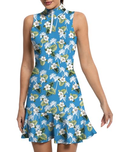 Ggov Tennis Dress For Women Golf Dresses With Shorts Inner Pocket Sleeveless Zip Up Stand Collar Workout Athletic Dresses Flamingo