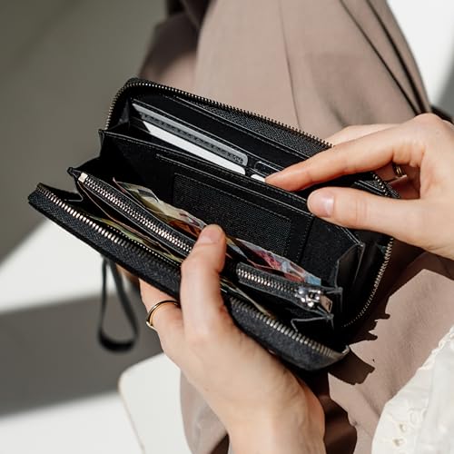 Image of BERLINER BAGS Genuine Leather Zip Wallet Women Lyon, Gift Box - Black | Soft Leather Zip Around Wallet, Fits up to Phone 6.9 inch, 15 Card Slots, 1 ID Window, 3 Bill Slots, 1 Coin Pocket, RFID Blocking