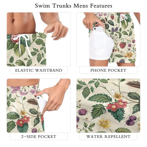 xigua Wild Berries and Flowers Mens Swim Trunks with Liner, 5 inch Quick Dry Mens Boardshorts for Beach3