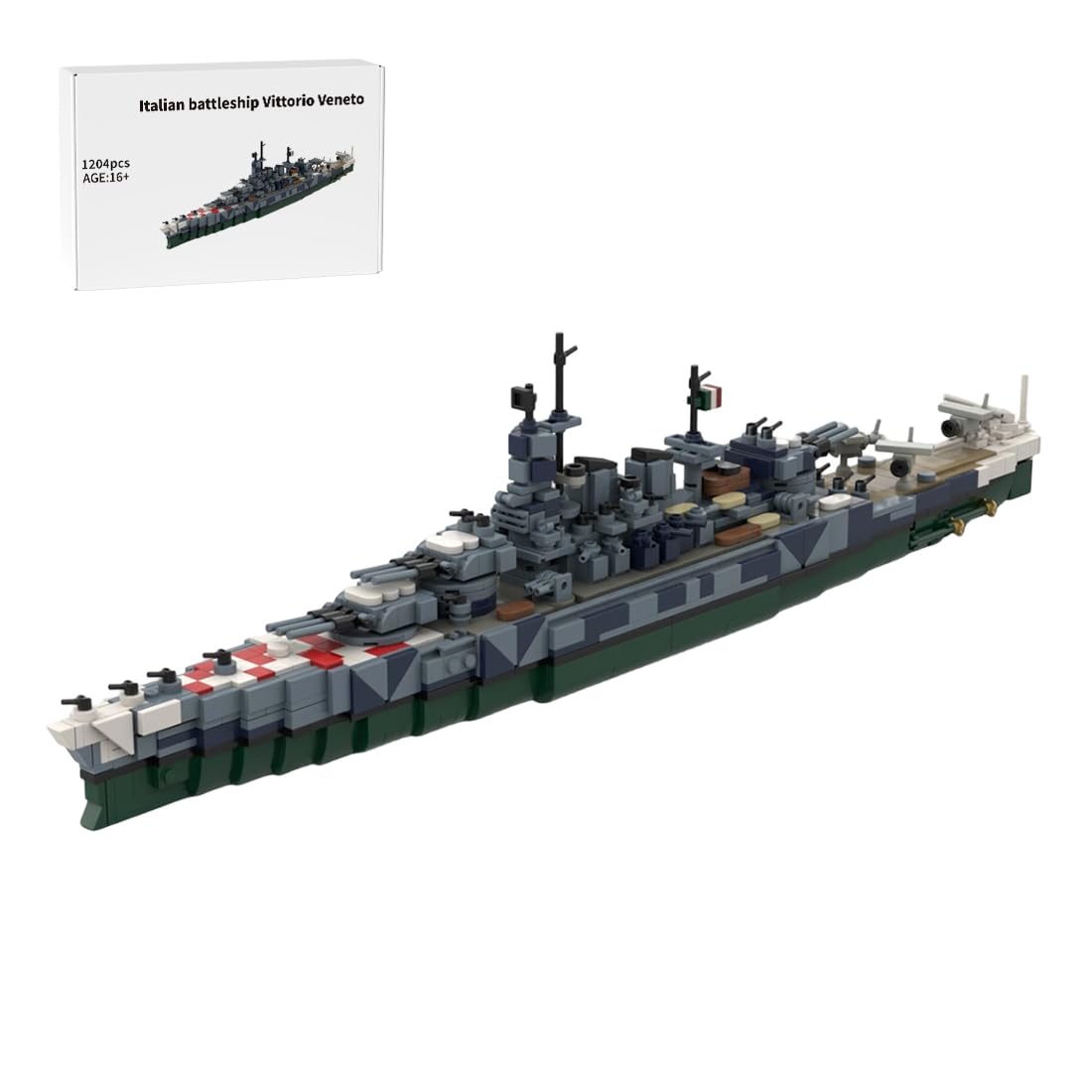 RCstrophex Italian Battleship Building Block Set, 1204PCS Military Warship MOC Model Kit, Naval Ship Brick Set with Turrets & Camouflage Display Model