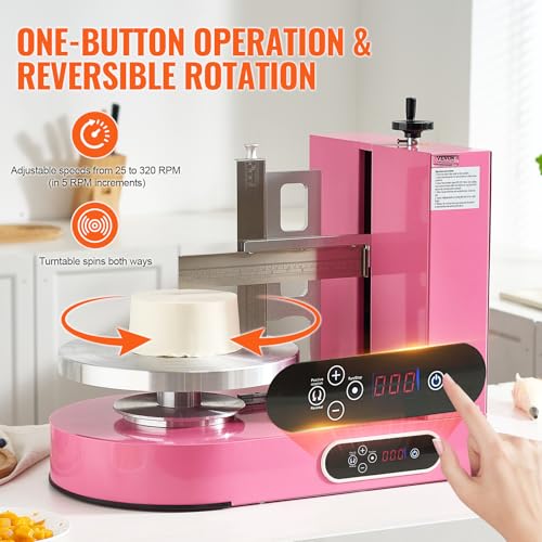 Image of VEVOR Cake Decorating Machine, Cake Cream Spreading Coating Smearing Machine, Low Noise Cake Frosting Machine, Turntable with Adjustable Scraper, for 6 inch to 14 inch Cake, 25-320RPM Rotating Speed, Pink
