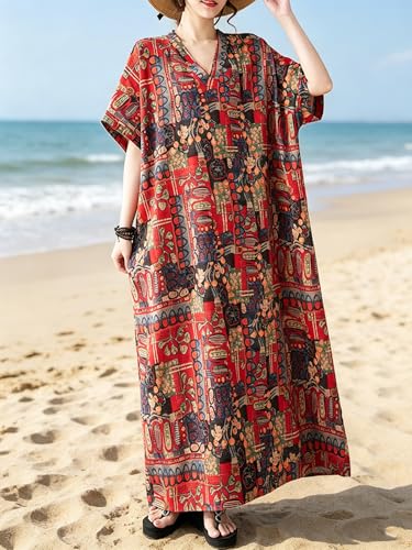 Image of Plus Size Summer Dress Printed V Neck Casual Loose Long Dresses with Pockets