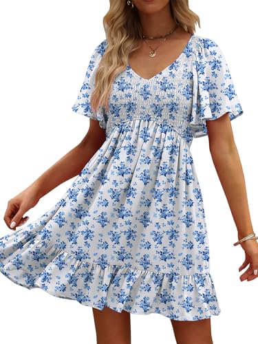 Image of UEAL Womens Cute Floral Smocked V Neck Flutter Sleeve Sundress with Pockets Casual Spring Summer Dresses for Women 2026
