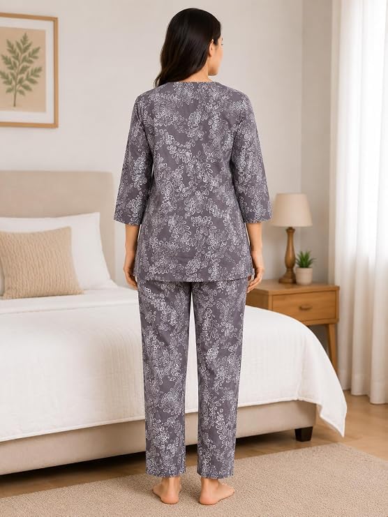 Image of Vlazom Women's Pure Cotton Printed Night Suit Pack of 2 | Soft Breathable Cotton Top & Pajama Set | Half Sleeve Sleepwear & Loungewear | Comfortable Nightwear for Women | Regular Fit