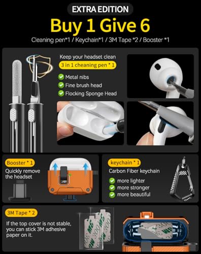 Image of Pohgelan for AirPods Pro 3 Case with Safety Lock-Orange | Carbon Fiber Texture Cover,Magnetic Automatic Lock with Cleaning Kit&Keychain,Compatible with Magsafe