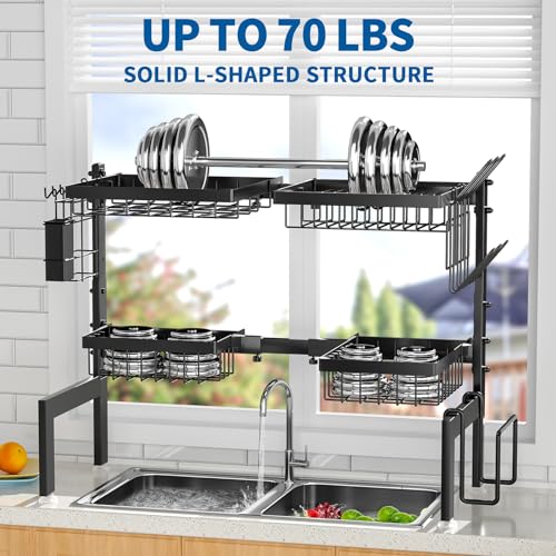 Image of Over The Sink Dish Drying Rack,Expandable 2-Tier Stainless Steel Over The Sink Dish Rack with Utensil Holder Dish Drainers for Kitchen Counter