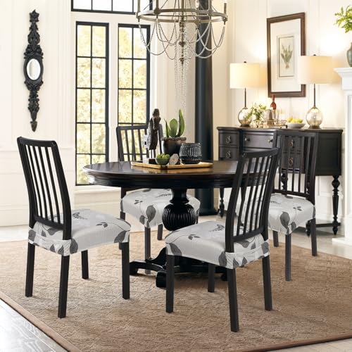 Image of SearchI Stretch Dining Chair Seat Covers Set of 4, Soft Removable Washable Seat Covers for Dining Chairs, Dining Room Seat Cover Protector (Rear-Covered, Grey Foliage)
