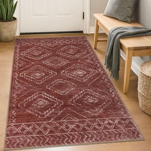 KILOCOCO Boho Entryway Rug 3x5 Area Rug Washable Non Slip Throw Rugs Soft for Kitchen Living Room Dining Bedroom Geometric Moroccan Carpet, Burnt Orange/Red
