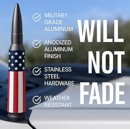 Image of EcoAuto Antenna Replacement for Dodge RAM & Ford F150 F250 F350 Super Duty Ford Raptor Bronco Trucks - Anti-Theft Design - Short Replacement Antenna 1990 - Current (American Flag)