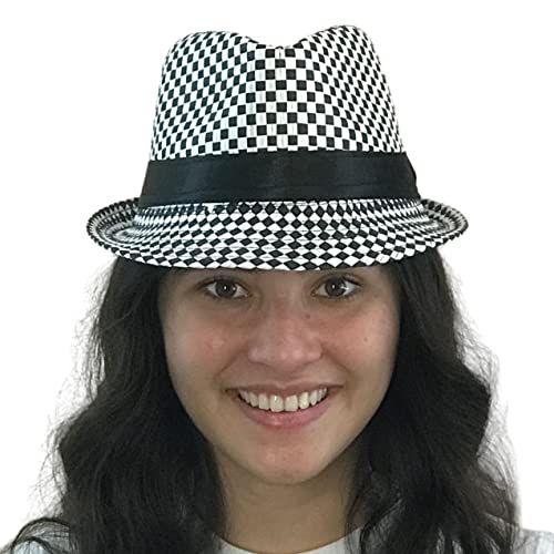 Silverfever Checkered Fedora Plaid Pattern Trilby Hat Men Women Classic Manhattan Hat (White Black) #TOP21
