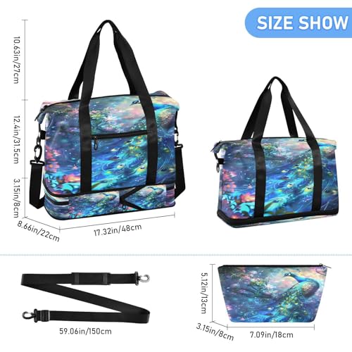 ALAZA Beautiful Peacock Colorful Travel Duffel Bag for Women Men Sports Gym Bag with Shoe Compartment Tote Weekender Overnight Bag with Wet Pocket for Travel, Gym,Yoga,Swimming3