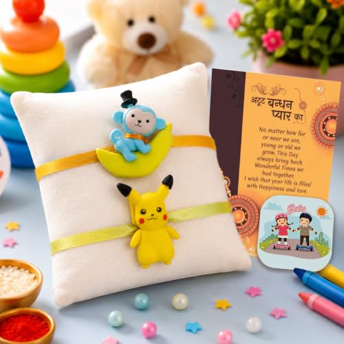 Image of CraftVatika Kids Rakhi for Brother Kids, Rakhi Set of 2 for Brother Sister Girls Boys Baby, Designer Cartoon for Children, Rakshabandhan Fridge Magnet Gift Set with Greeting Card, Tilak Set