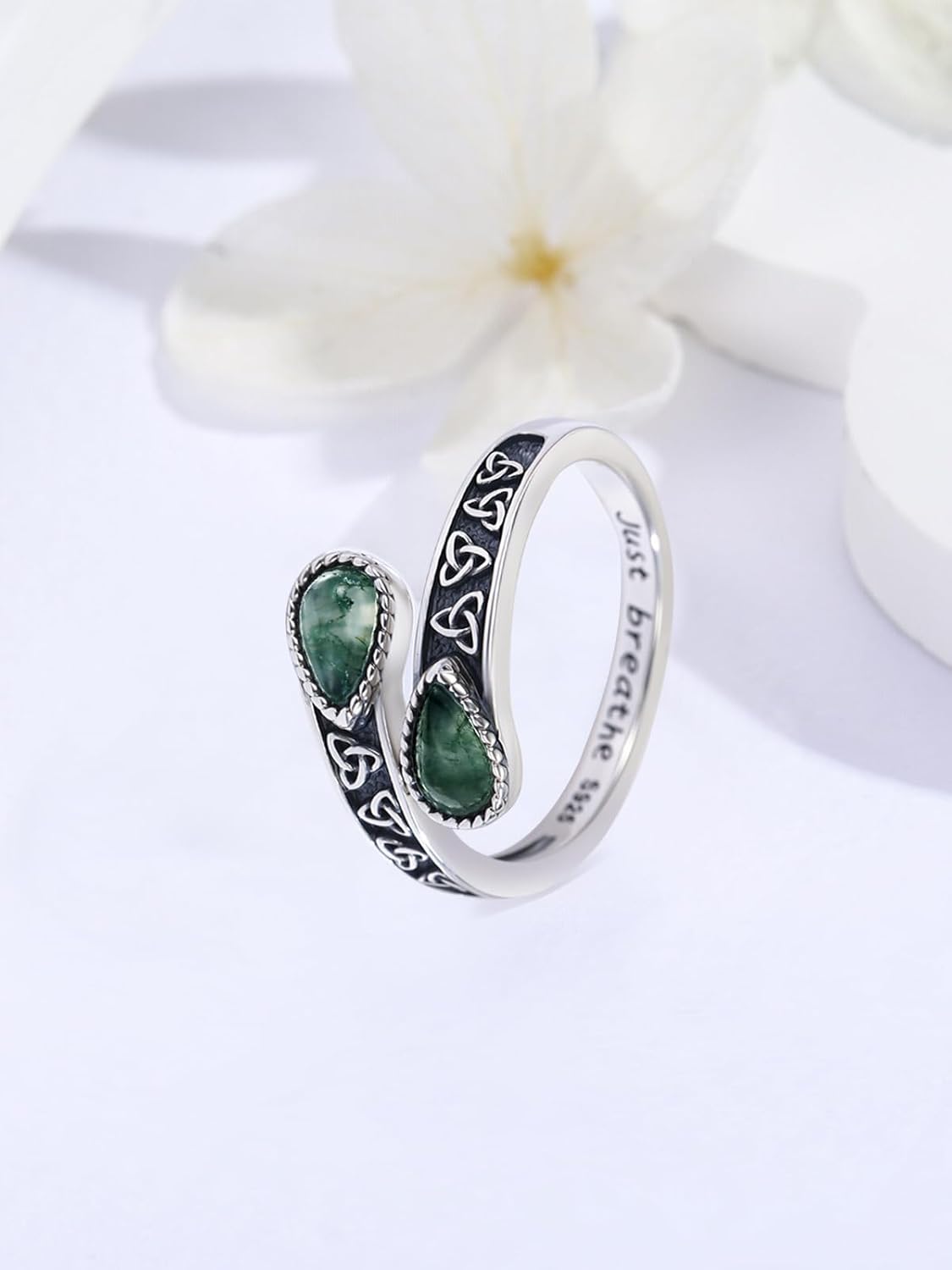 KiiKii Moss Agate Ring 925 Sterling Silver Adjustable Open Lotus/Sunflower/Butterfly Spoon Ring Statement Jewelry Birthday Gifts for Women - Image 2