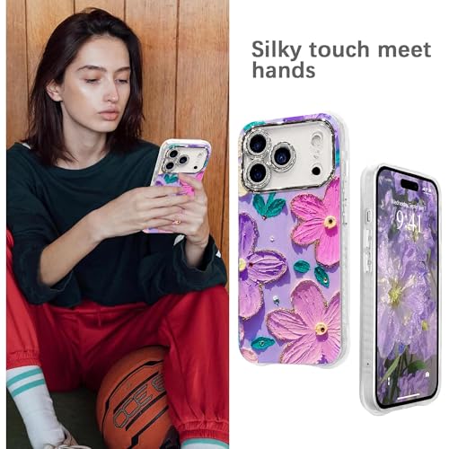 Image of Elzzi Compatible with iPhone 17 Pro Max Case Oil Painting Flower Colorful with Lens Prtotection Shockproof PC+TPU Glossy Back Cover for Girls Women, Pink & Purple