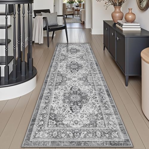 DEXI Alfombra Pasillo 60 x 180 cm, Alfombras Cocina Lavable Antideslizante, Tapete Vintage de Pelo Corto y Suave para Entrada, Lavandería o Comedor, Gris