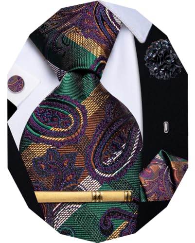 Image of YourTies Silk Paisley Floral Tie and Pocket Square Cufflinks with Lapel Pin Sets for Men 5PC Wedding Party