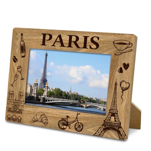 Yxadu Paris France Themed Picture Frame 4x6 Inch - Rustic Wood Frame with Eiffel Tower & French Icons, Romantic Travel Memorial Gift, French Style Home Decor for Paris Lovers