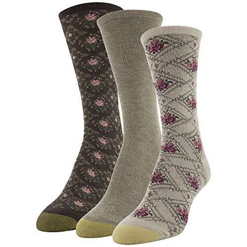 Gold Toe Women's Diamond Floral Dress Crew Socks, 3 Pairs, Khaki Floral/Taupe/Chocolate Diamonds, Shoe Size: 6-9