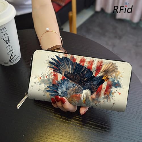 Image of RFID Blocking Leather Wallet for Women - Large Capacity Zip Around Clutch with 8 Card Slots,14 Cash Pockets & Coin Zipper,Eagle