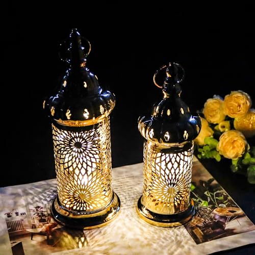 TRIROCKS Ramadan Lanterns Set of 2 10" &12.5" Gold Electric Candle Holders with Timer, Metal Decorative Vintage Lanterns for Indoor/Outdoor Decor, Perfect EID Mubarak Gift TRIROCKS Ramadan Lanterns Set of 2 10" &12.5" Gold Electric Candle Holders with Timer, Metal Decorative Vintage Lanterns for Indoor/Outdoor Decor, Perfect EID Mubarak Gift