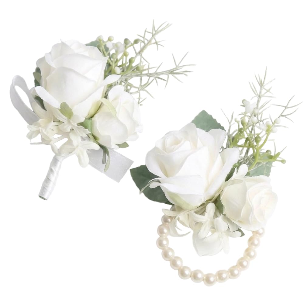 2 Piece Wrist Corsage and Boutonniere Set Artificial White Rose Wedding