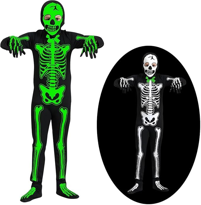 SaiXuan Disfarce esqueleto infantil luminoso, disfarce de Halloween criança Glow in the Dark com macacão completo, capuz, luvas e cobertura de pé, vestido esqueleto 6-12 anos unissexo para festas de